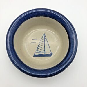 Brinker Pots Stoneware Pottery Bowl Dish Blue 5" Sailboat Nautical 1995 VTG